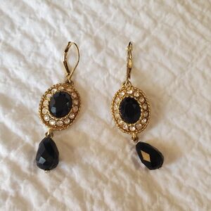 Elegant Gold-tone and Black Drop Earrings With Rhinestone Accents